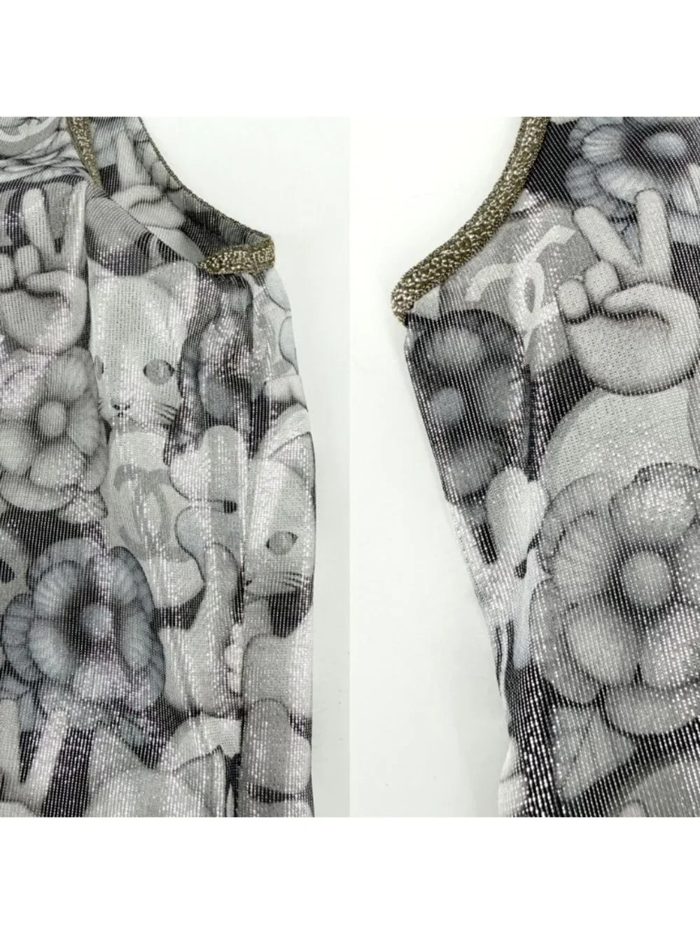 Chanel Tank Top Cat Hand Sign Sleeveless 34 Silver Gold Silk